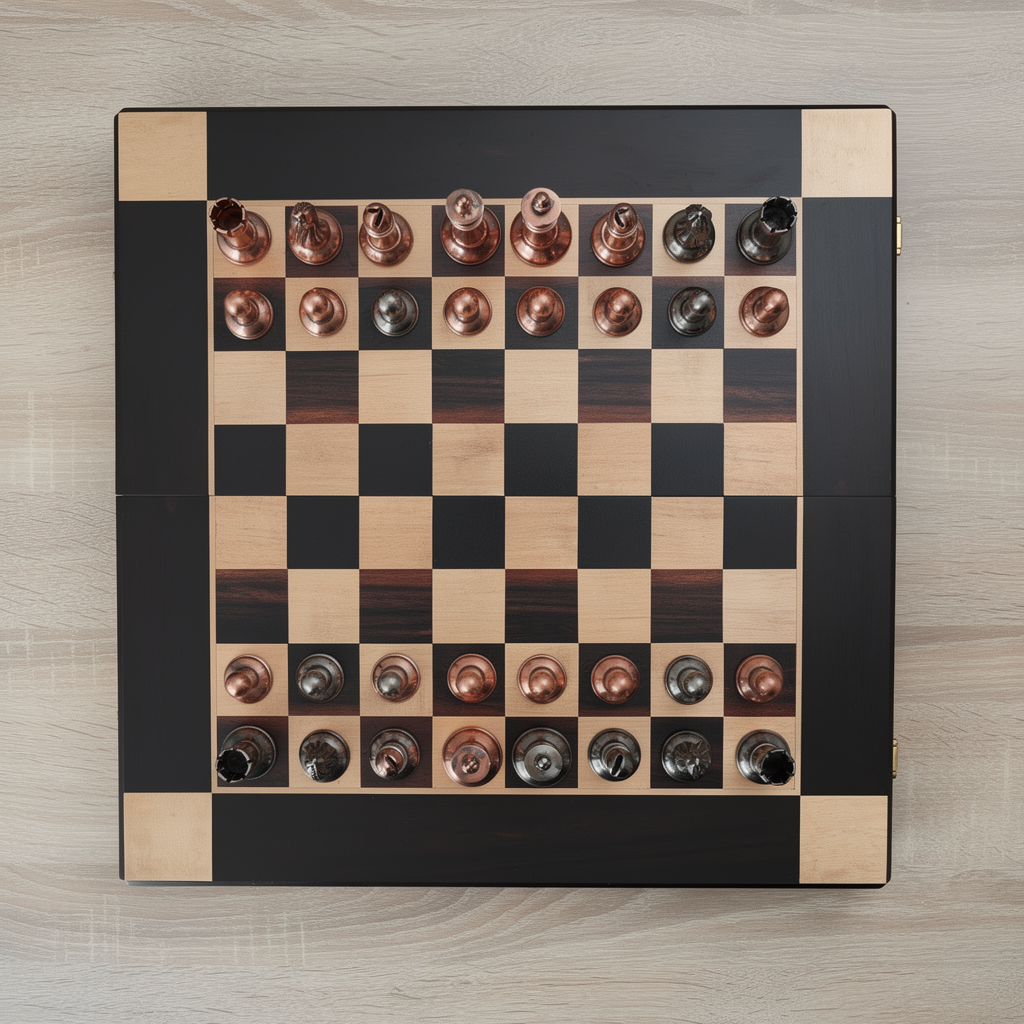 Scacchiera Reale — Pedine in Metallo, Base in Legno d'Ebano