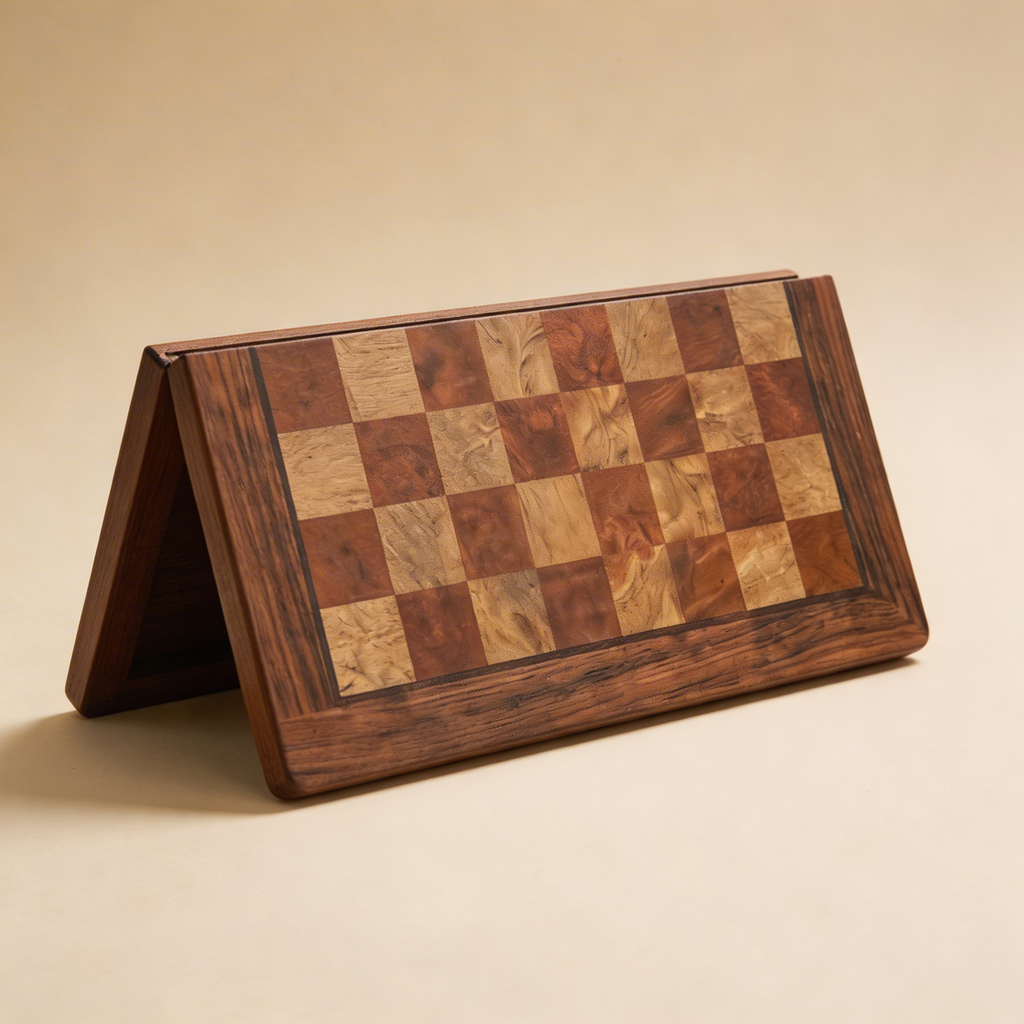 Scacchiera pieghevole in legno di mogano con pezzi in ottone