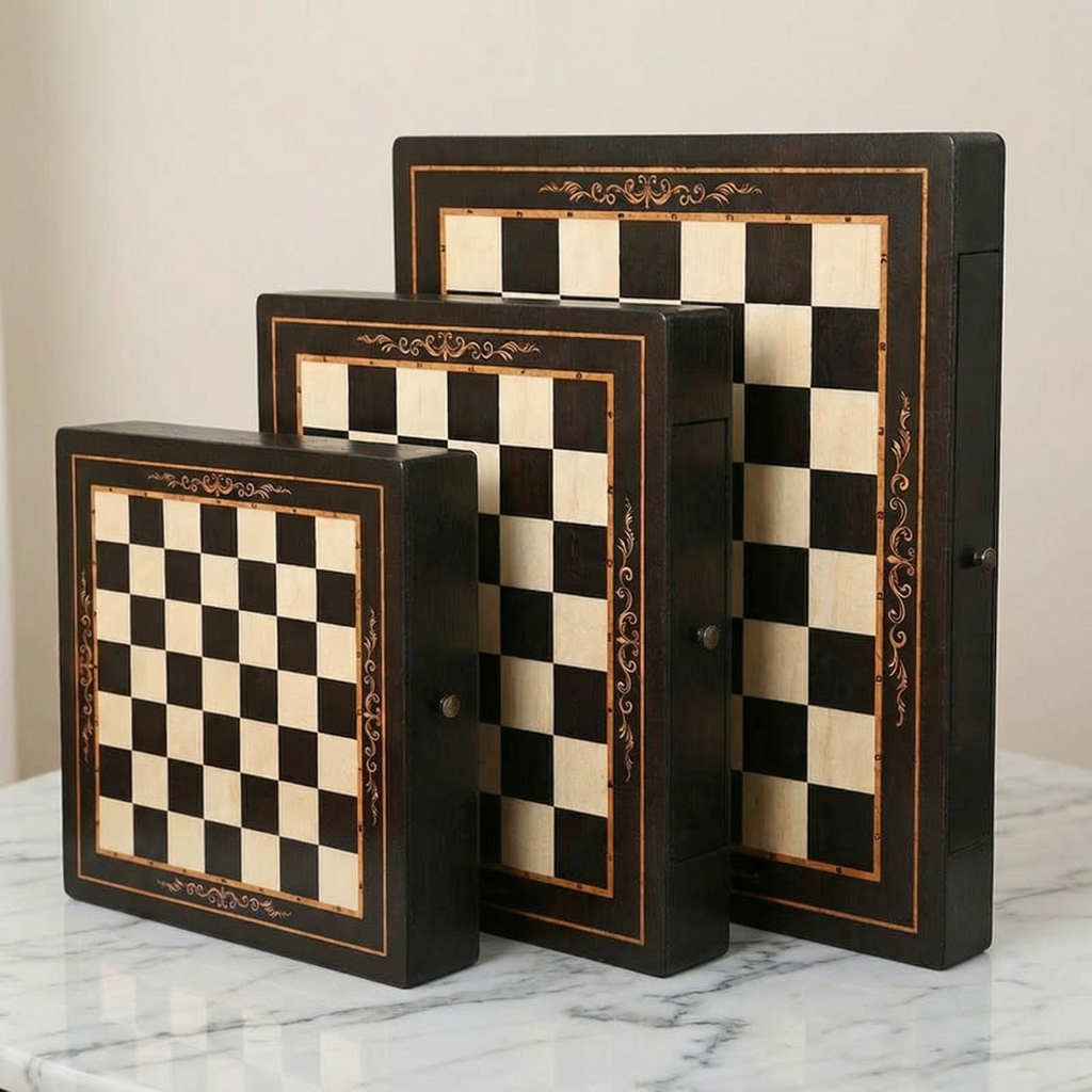 Scacchiera con cassetti in legno di noce e acero