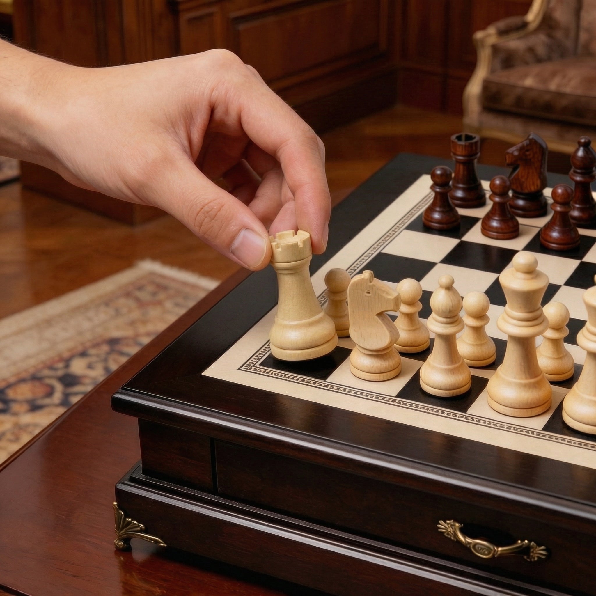Scacchiera con cassetto in legno d'ulivo