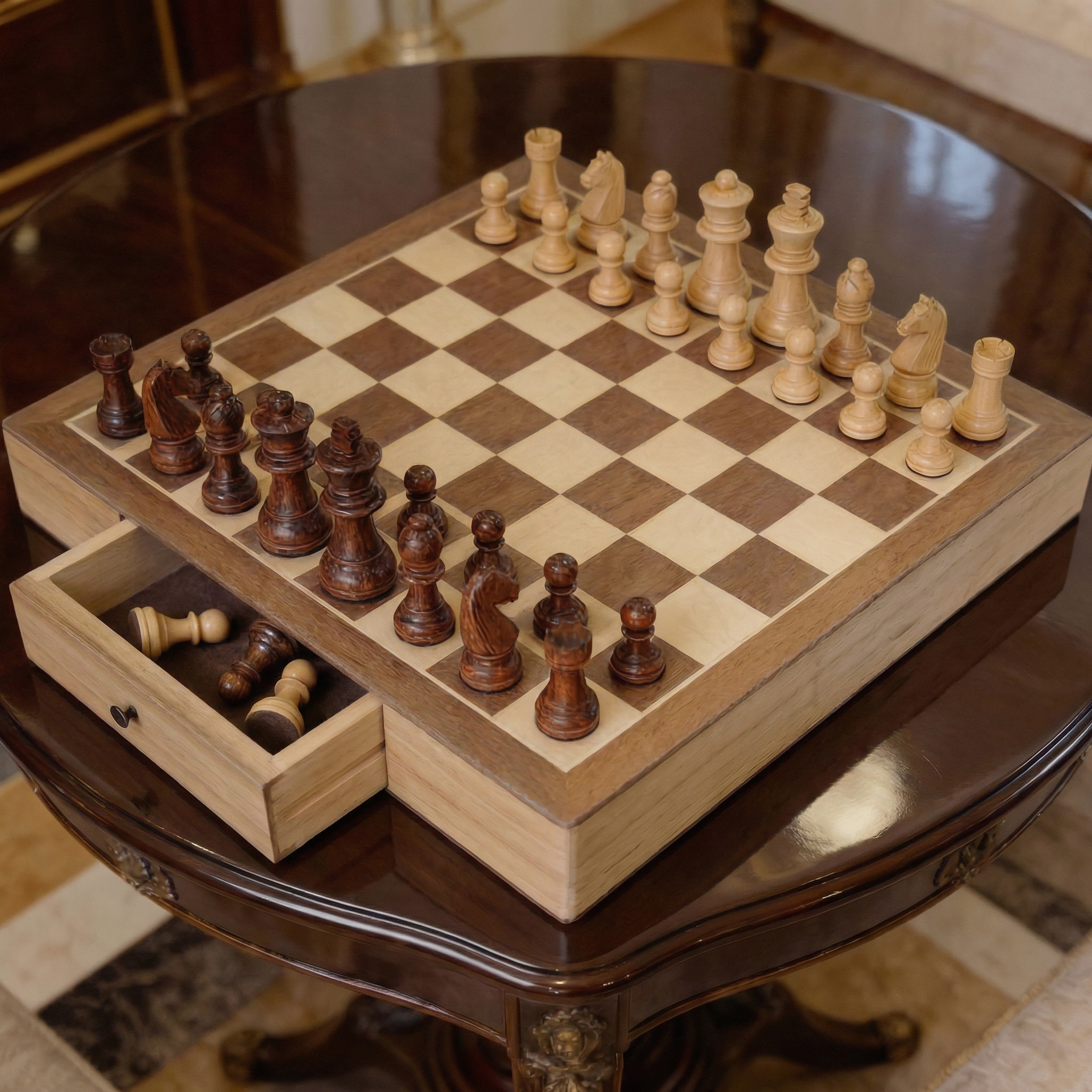 Scacchiera in legno d'acero con cassetto