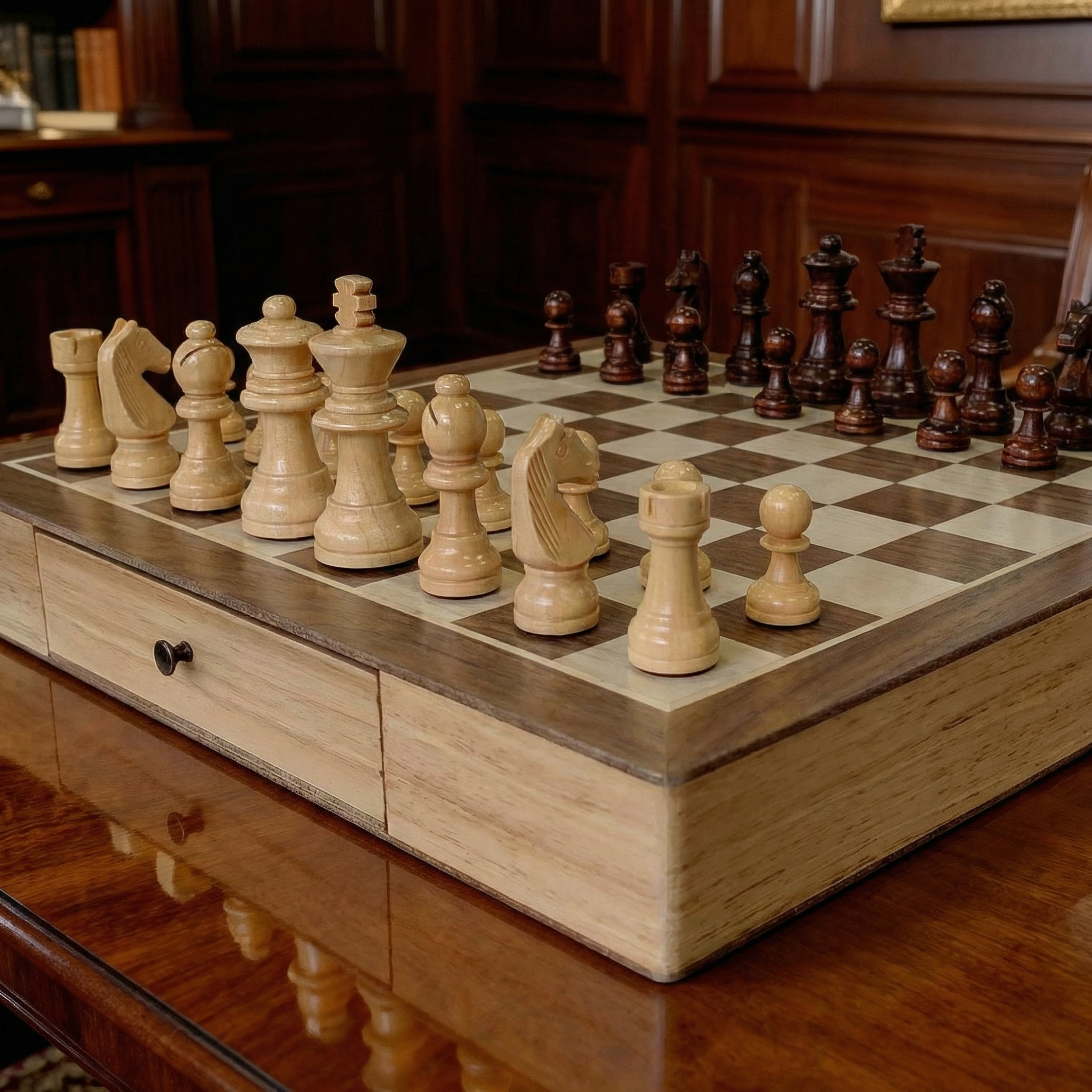 Scacchiera in legno d'acero con cassetto
