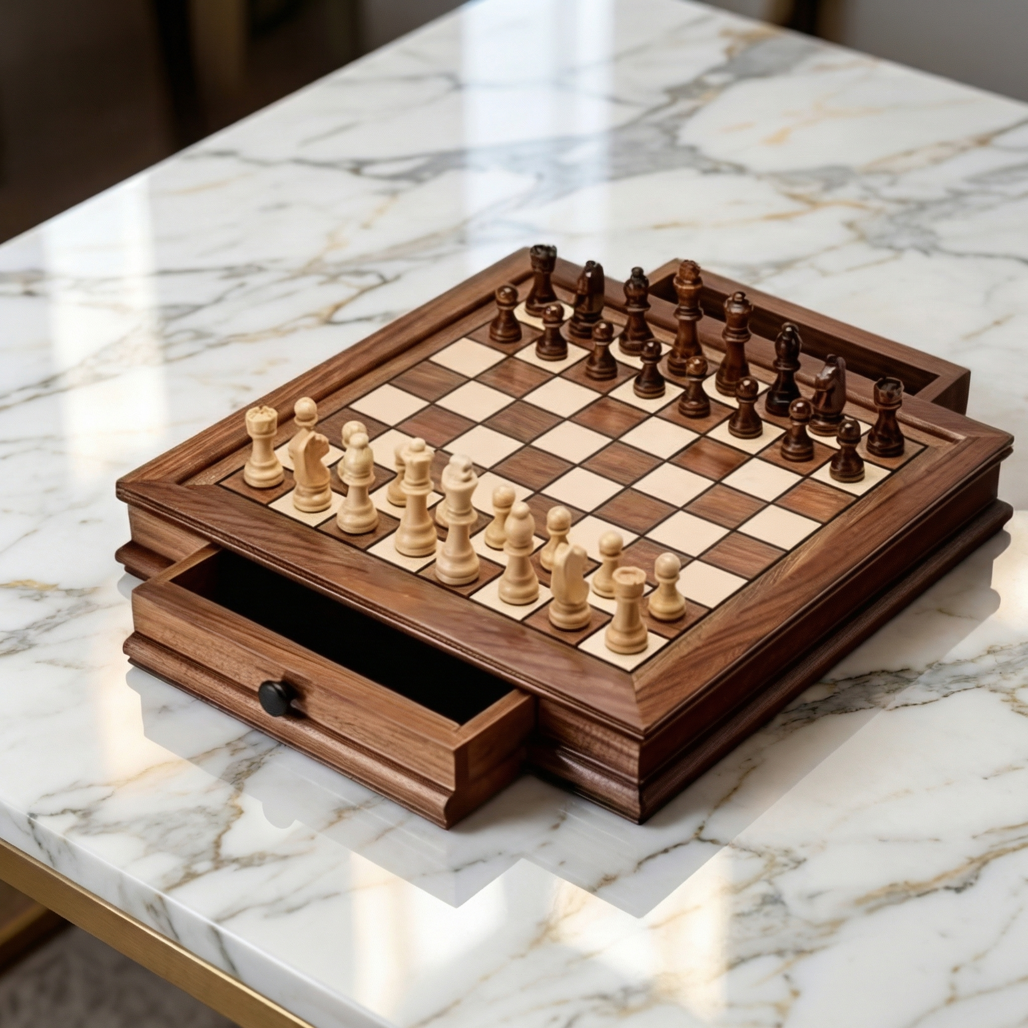 Scacchiera in legno di noce con cassetti