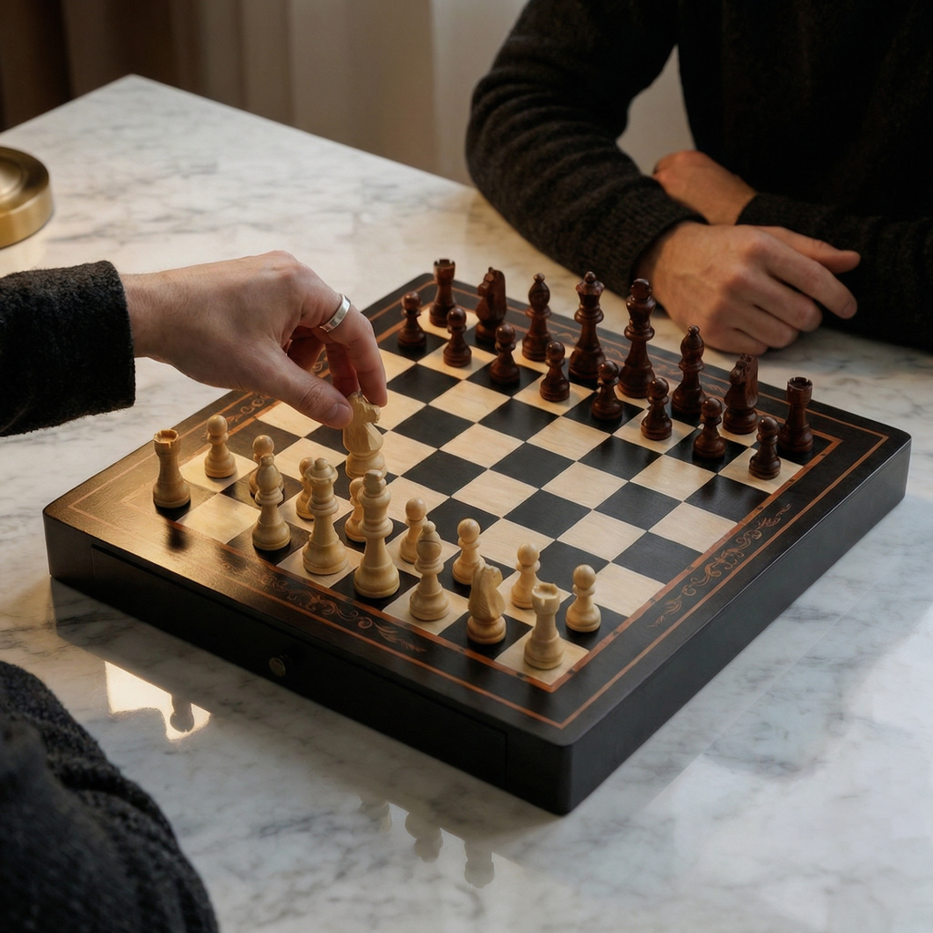 Scacchiera con cassetti in legno di noce e acero